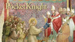 Pocket-Knight-Collage: ein mittelalterliches Fresko, in dem ein Papst einem knienden Mönch das Gerät überreicht