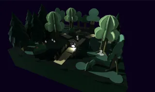 Das gleiche Diorama als Variation mit farbigen Materialien und einer abendlichen Beleuchtung.