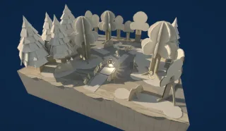 Wald Diorama als erstes Mockup um die Stimmung und eine Stilrichtung festzulegen. Entstanden im Rahmen der Game Dev Sessions von Opencampus. Modelliert in Blender, Scene View in Unity.