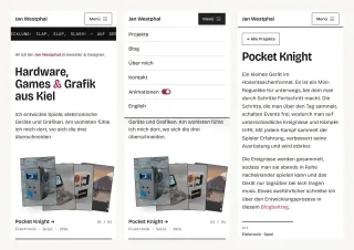 Drei Handy-Screenshots – Startseite, geöffnetes Menü mit dem Animationsschalter, Projektseite