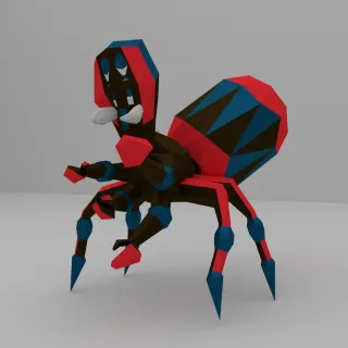 Low-Poly-Spinne in Rot, Blau und Schwarz mit großen weißen Fangzähnen, modelliert, geriggt und gerendert in Blender.
