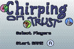 Pixelart-Titelbildschirm von Chirping on Trust mit Vögeln und den Menüpunkten „Select Players“ und „Start Game“