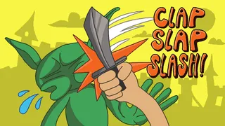 Titelbild von Clap, Slap, Slash!: Eine Hand mit Krummmesser trifft einen grünen Goblin, daneben der Titel in orangen Buchstaben auf gelbem Hintergrund